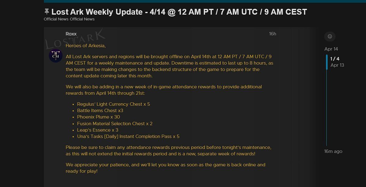 Official notice of the delay and the notice (Image via Lost Ark forums)