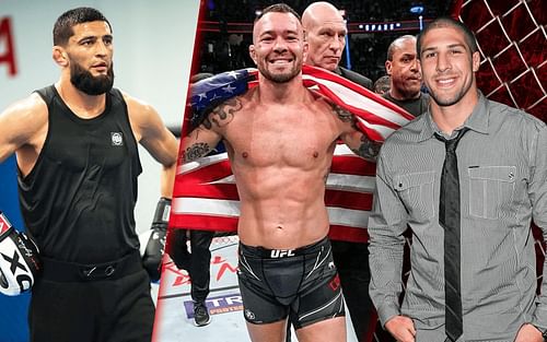 Khamzat Chimaev (left), Colby Covington (center) (Images via @khamzat_chimaev and @colbycovmma on Instagram), Brendan Schaub (right, image via Getty)