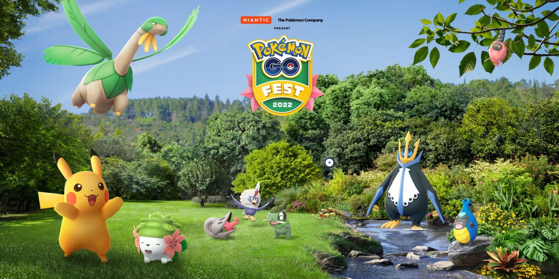 Shaymin appears alongside Pikachu, Tropius, Axew and more in GO Fest 2022&#039;s promotional image (Image via Niantic)