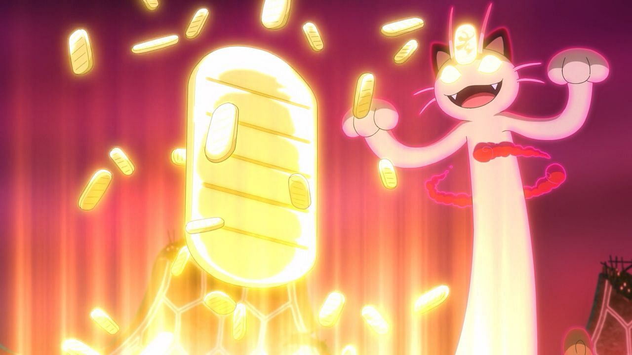 Gigantamax Meowth using G-Max Gold Rush in the anime (Image via The Pokemon Company)