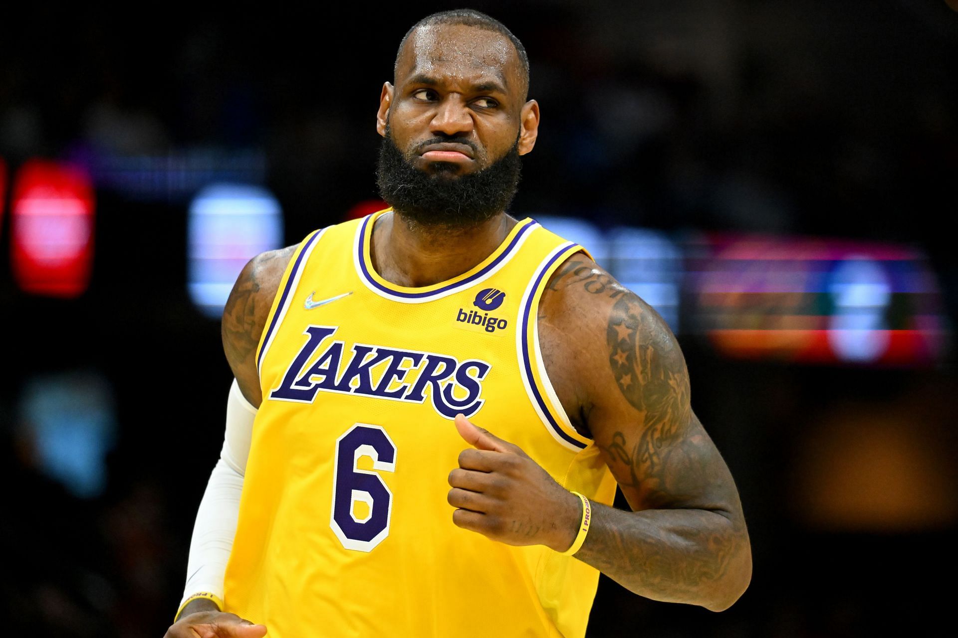 LeBron James of the LA Lakers celebrates during the fourth quarter against the Cleveland Cavaliers on March 21 in Cleveland, Ohio. The Lakers defeated the Cavaliers 131-120.