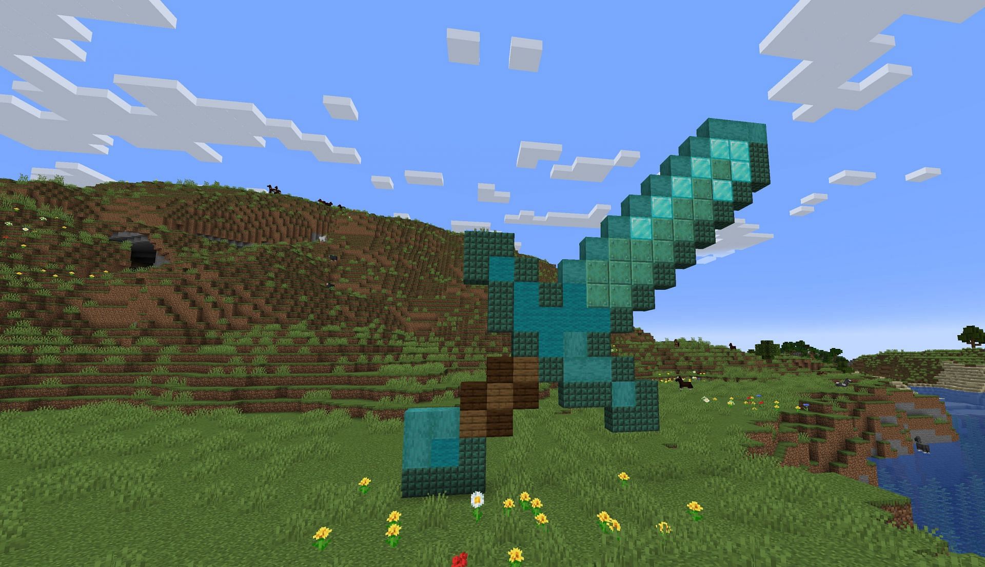 A diamond sword made of Minecraft blocks. (Image via Minecraft)