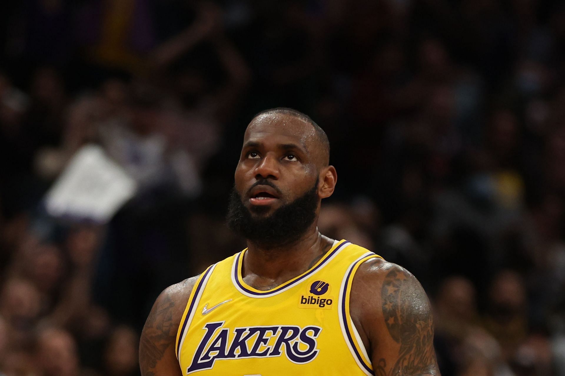 Los Angeles Lakers vs. Washington Wizards; LeBron reacts after scoring.