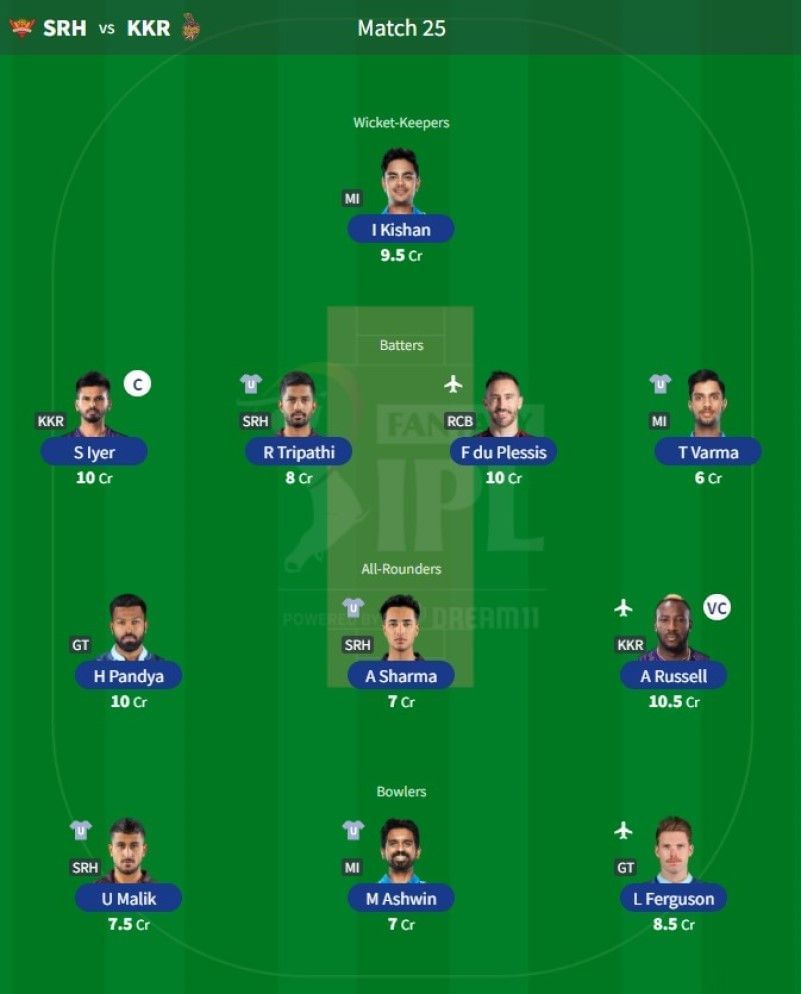 Best IPL Fantasy team for Match 25 - SRH vs KKR