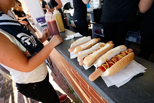 Hot dogs are a classic ballpark snack.