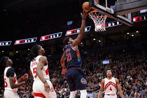 Philadelphia 76ers vs. Toronto Raptors, Game 6: Joel Embiid drives to the net.