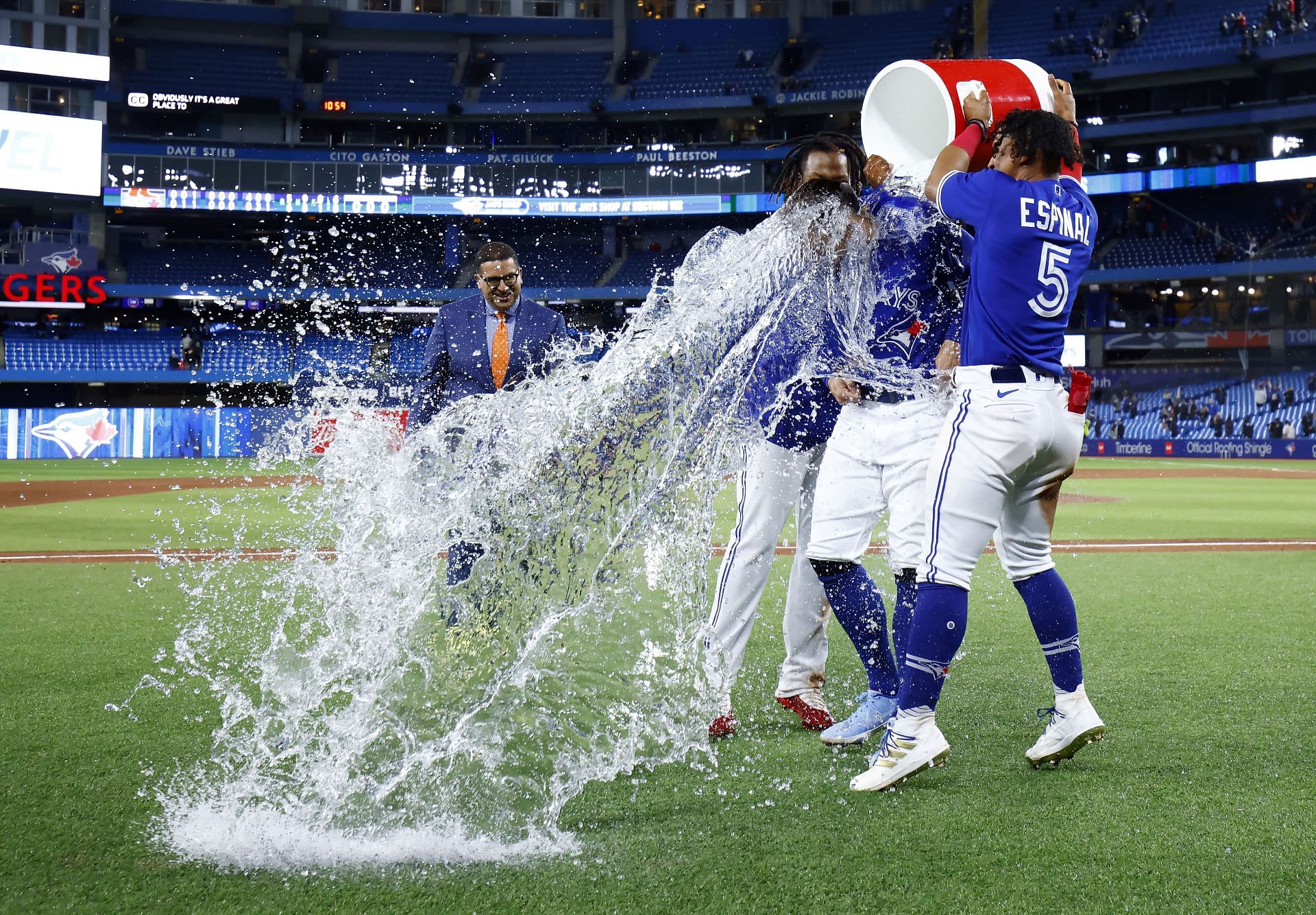 The Blue Jays celebrate a walk-off win Tuesday against the Red Sox.
