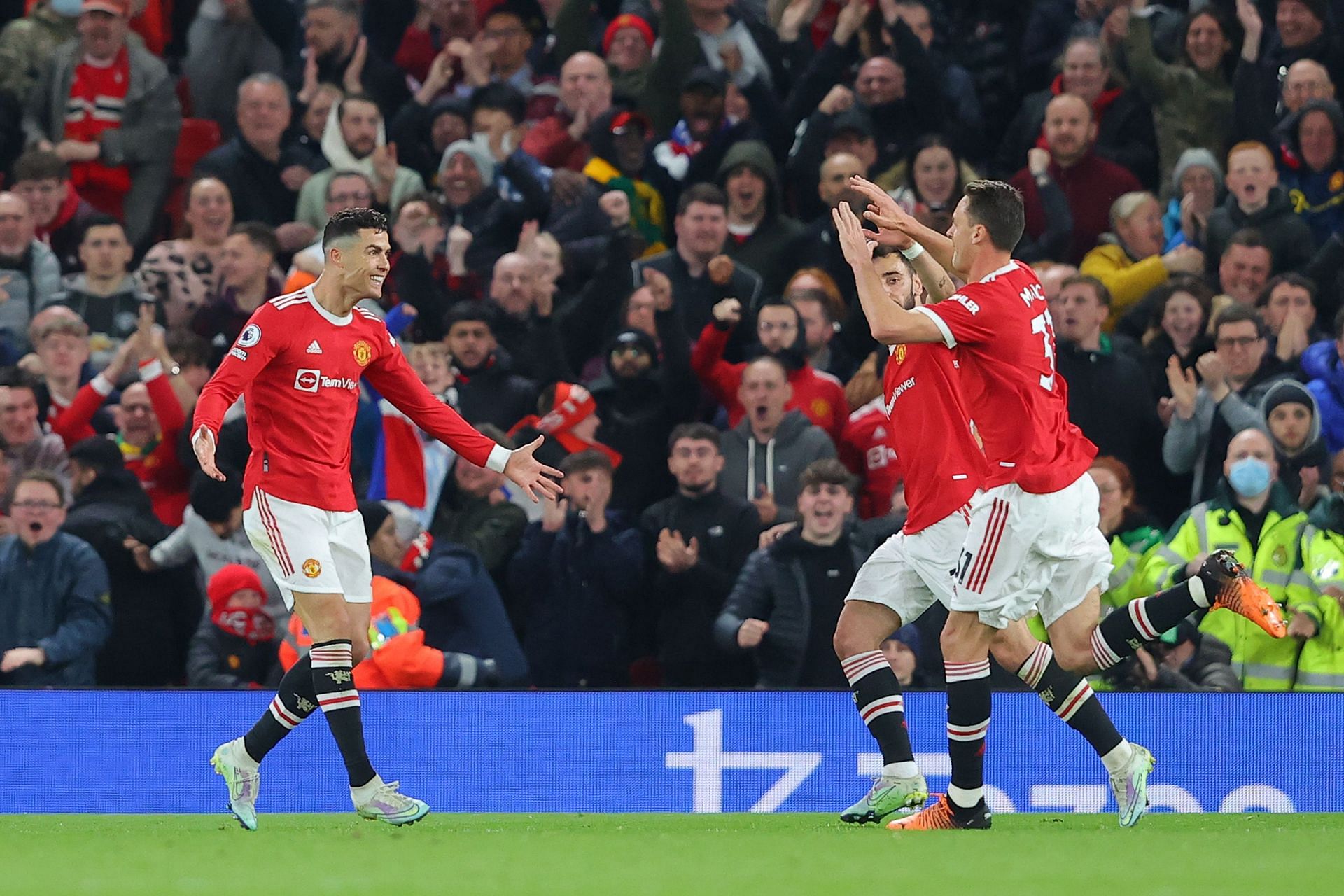 Cristiano Ronaldo celebrates after scoring a goal.