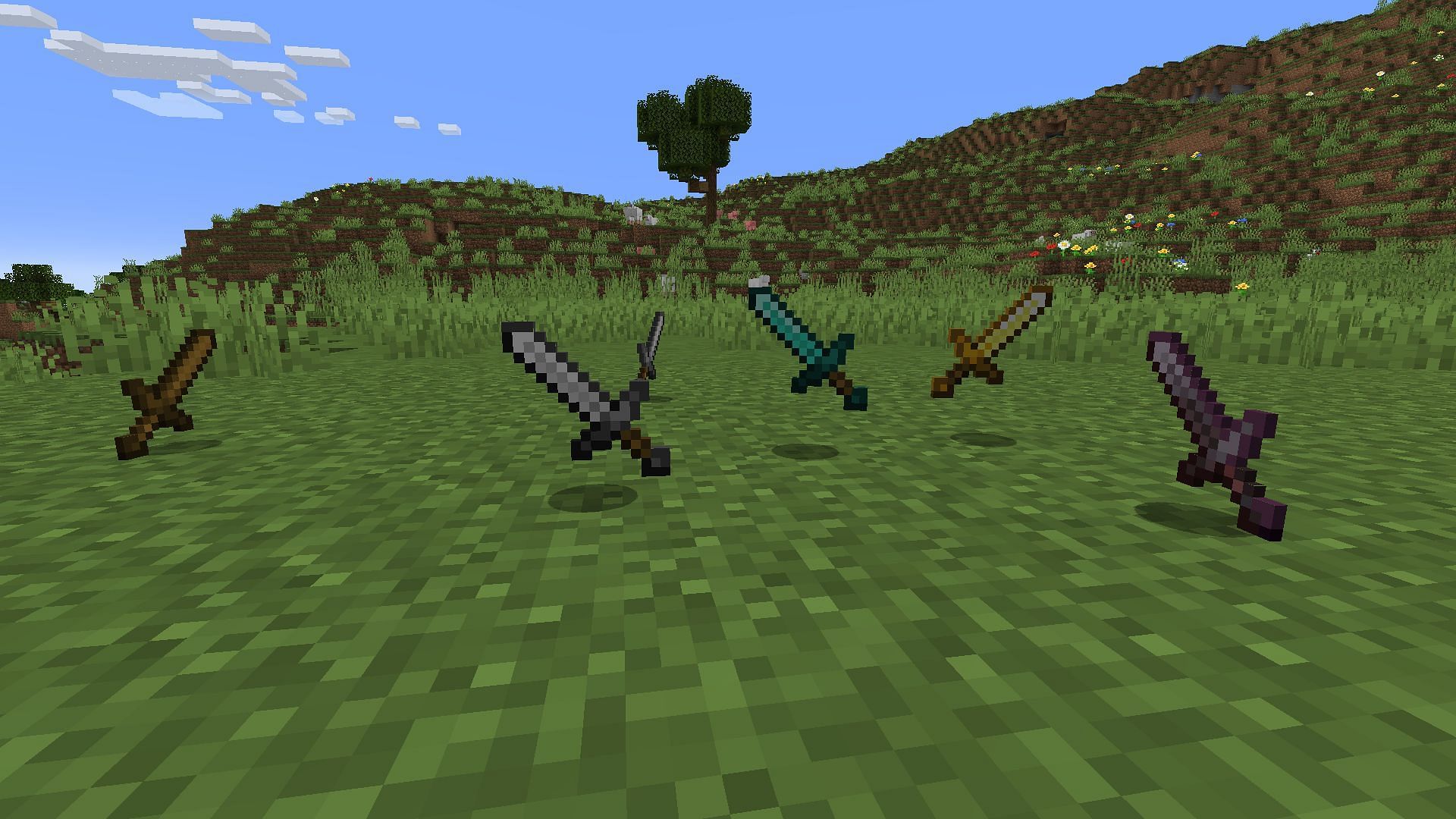 Minecraft&#039;s swords scattered on the ground (Image via Mojang)