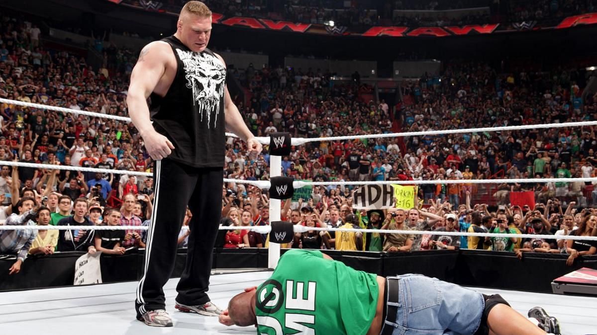 Brock Lesnar after delivering an F5 to John Cena