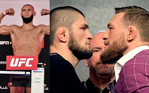 Khamzat Chimaev (left), Khabib Nurmagomedov and Conor McGregor (right) [Images courtesy of Getty]