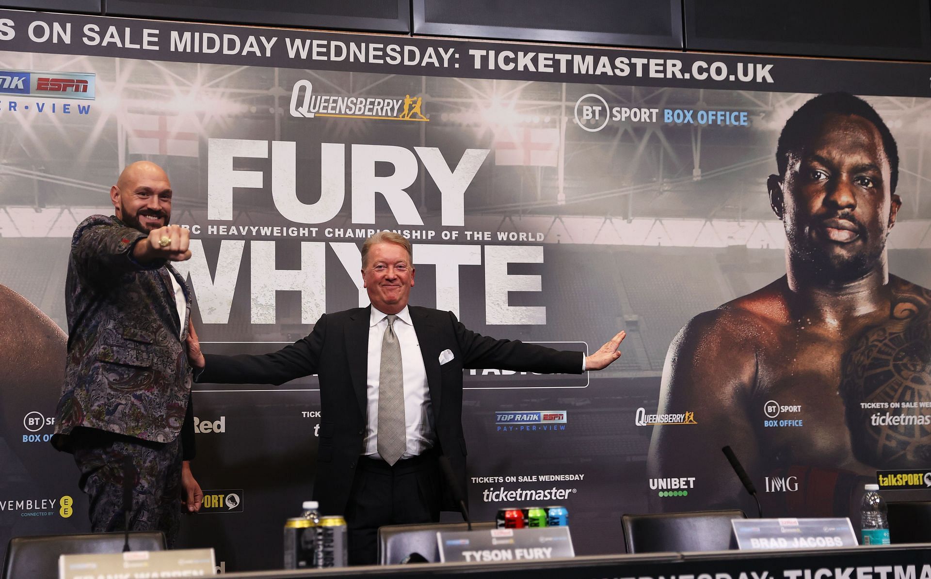 Tyson Fury v Dillian Whyte press conference. Tyson Fury (left) with promoter Frank Warren.