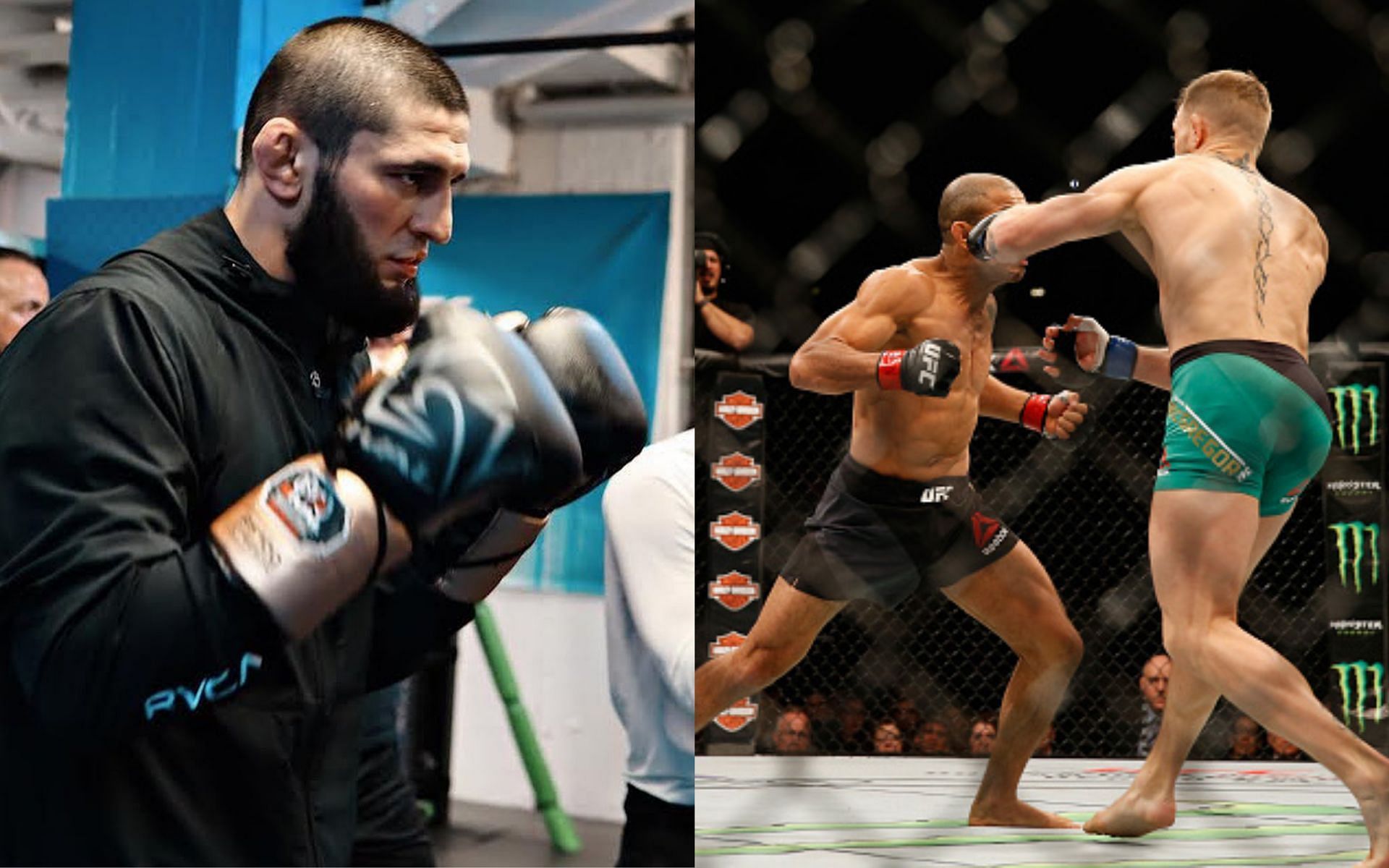 Khamzat Chimaev (left), Conor McGregor and Jose Aldo (right) [Image courtesy: UFC.com and @khamzat_chimaev via Instagram]