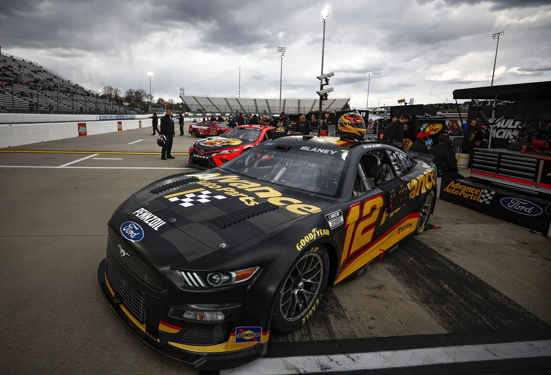 Ryan Blaney&#039;s No. 12 Advance Auto Parts Ford during qualifying for the 2022 NASCAR Cup Series Blue-Emu Maximum Pain Relief 400 at Martinsville Speedway in Virginia. (Photo by Jared C. Tilton/Getty Images)