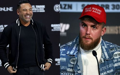 Oscar De La Hoya (L) has given a huge compliment to Jake Paul (R)