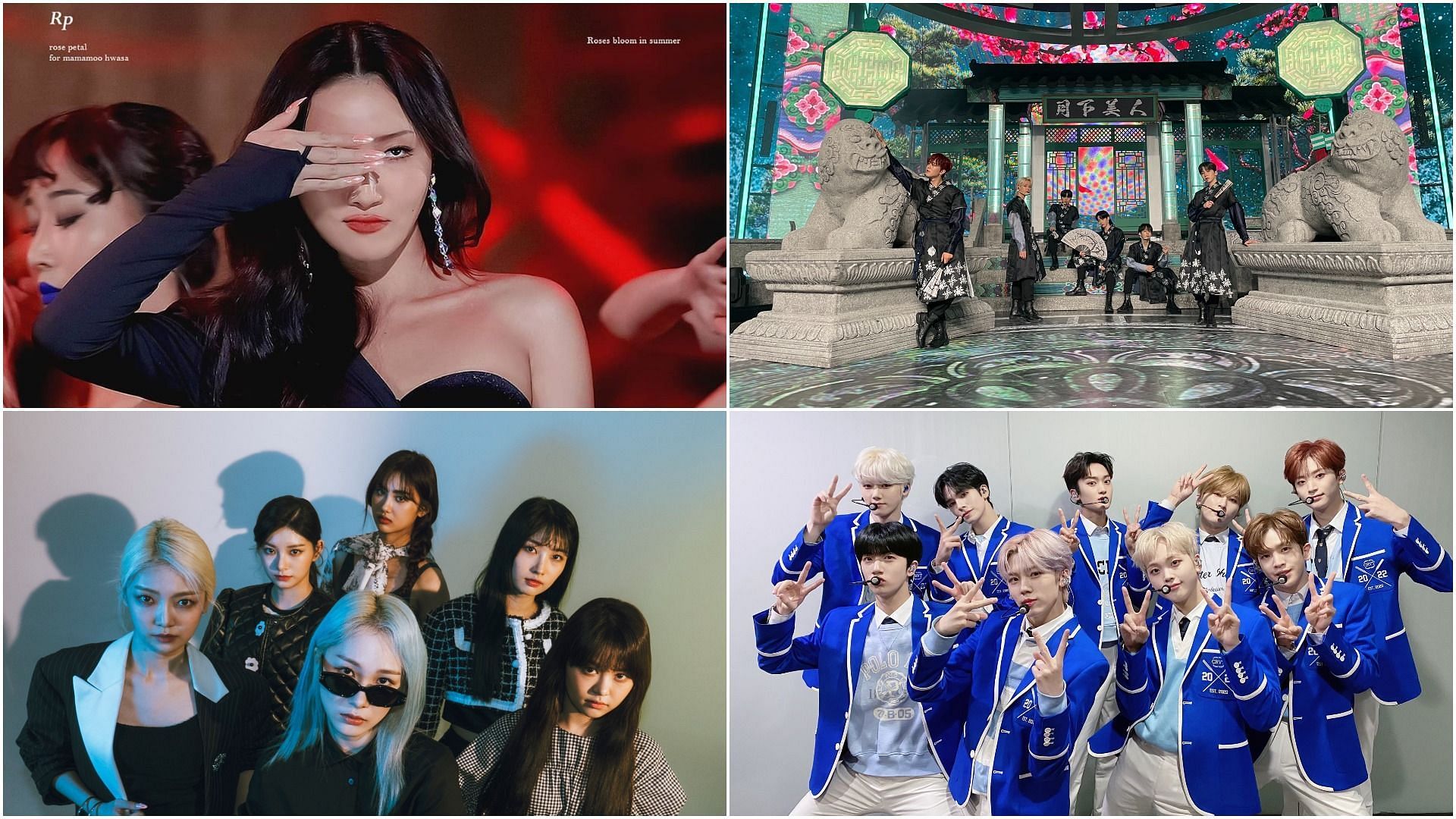 Hwasa, EVERGLOW, ONEUS, and CRAVITY (Images via Getty Images, @EVERGLOW_STAFF/Twitter, @official_ONEUS/Twitter, @CRAVITY_twt/Twitter)