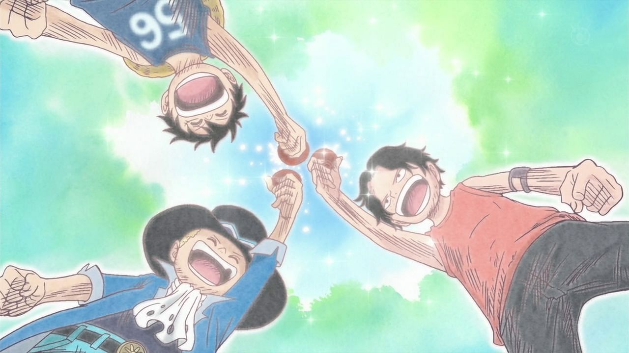 Luffy (top left), Ace (bottom right), and Sabo (bottom left) as seen as children (Image via Toei Animation)
