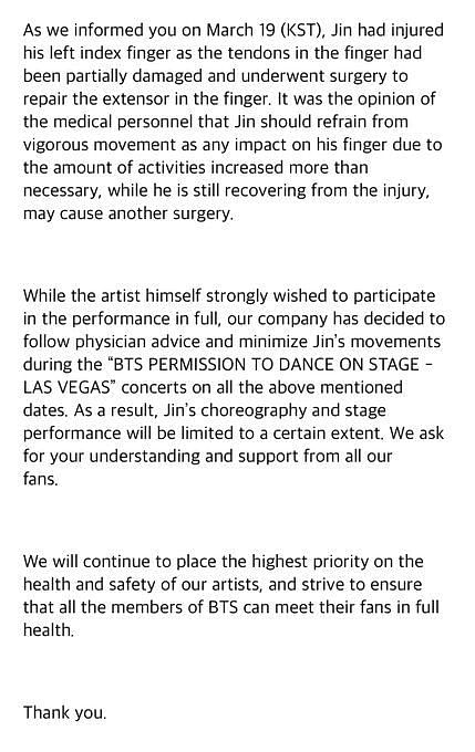 Get Well Soon! BTS Jin Will NOT Fully Participate in “Permission to Dance  (PTD) on Stage” Las Vegas due to His Finger Injury - KPOPPOST