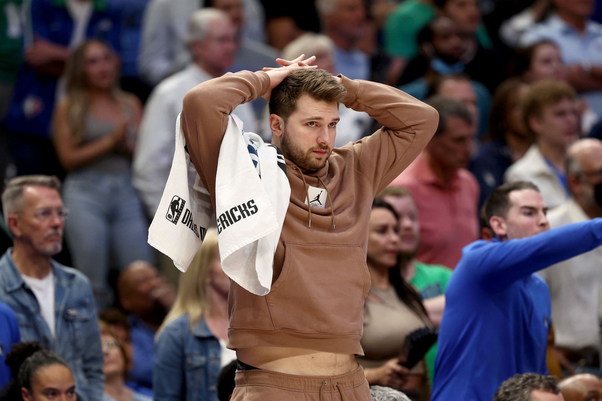 Luka Dončić No. 77 of the Dallas Mavericks reacts as the Dallas Mavericks take the lead against the Utah Jazz late in the fourth quarter of Game 2.