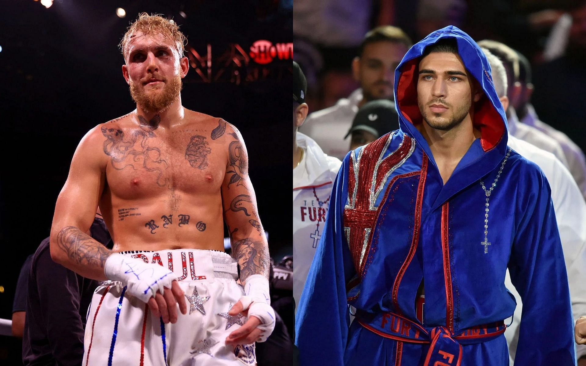 Jake Paul (L) has surprisingly thrown his support behind Tommy Fury (R)