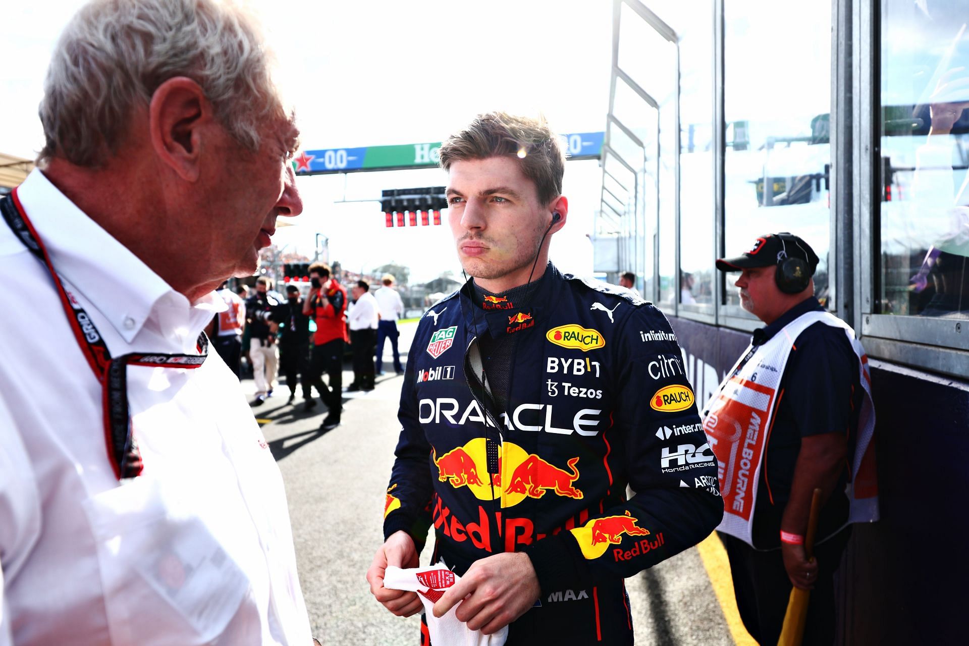 Max Verstappen of the Netherlands and Oracle Red Bull Racing talks to Red Bull Racing Team Consultant Dr Helmut Marko on the grid prior to the F1 Grand Prix of Australia at Melbourne Grand Prix Circuit on April 10, 2022 in Melbourne, Australia. (Photo by Mark Thompson/Getty Images)