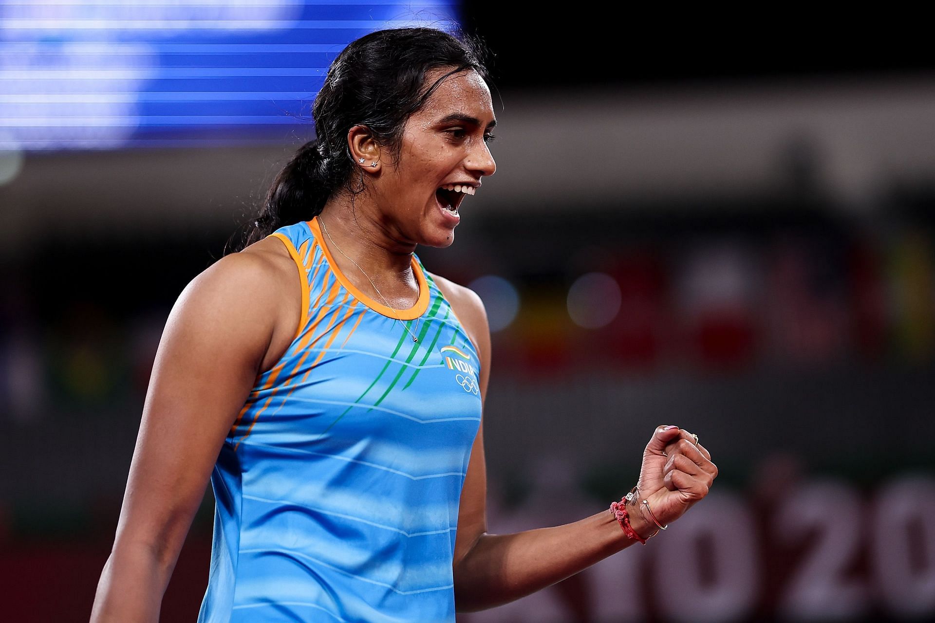 PV Sindhu celebrates a point at the Tokyo Olympics (Image courtesy: Getty Images)