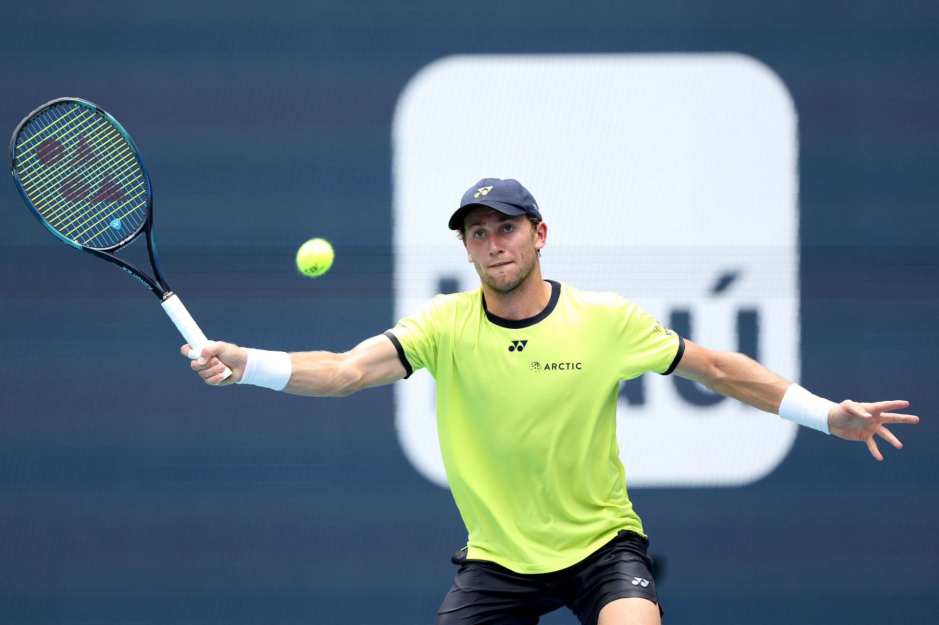 Casper Ruud prepares to strike a forehand in his semi-final match against Francisco Cerundolo