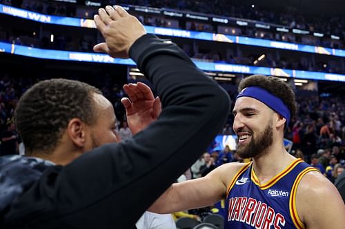 Utah Jazz v Golden State Warriors; Steph Curry and Klay Thompson celebrating after the game