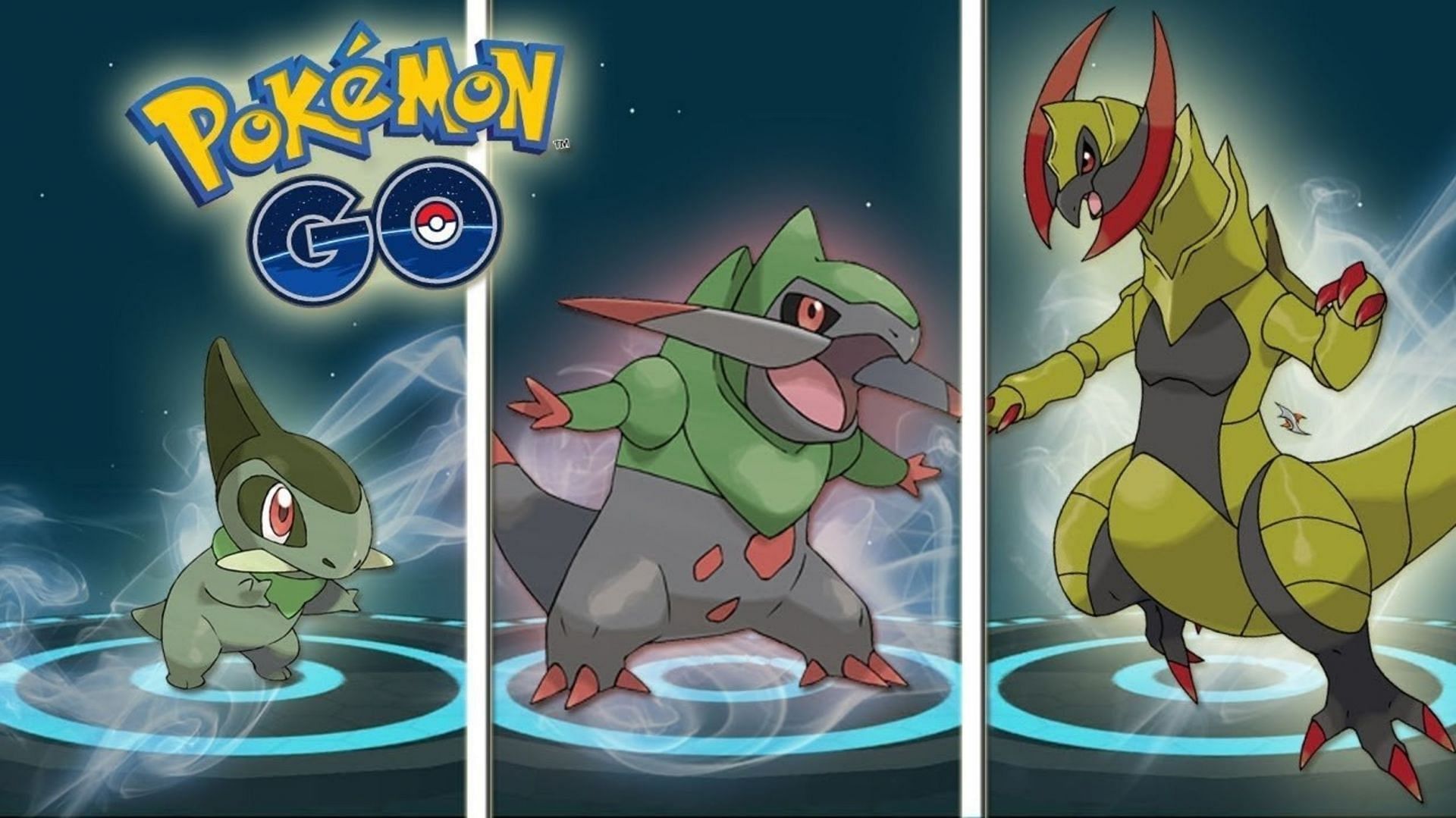 Axew alongside his evolutions Fraxure and Haxorus (Image via Niantic)