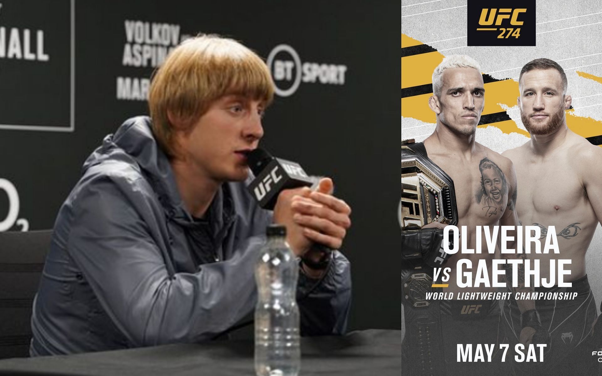 Paddy Pimblett (left. Image credit: @theufcbaddy on Instagram), Charles Oliveira and Justin Gaethje (right. Image credit: UFC on Facebook)