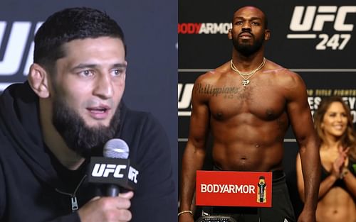 Khamzat Chimaev (L) believes Jon Jones (R) is more deserving of the P4P top spot at UFC (Image via YouTube/MMAFighting)