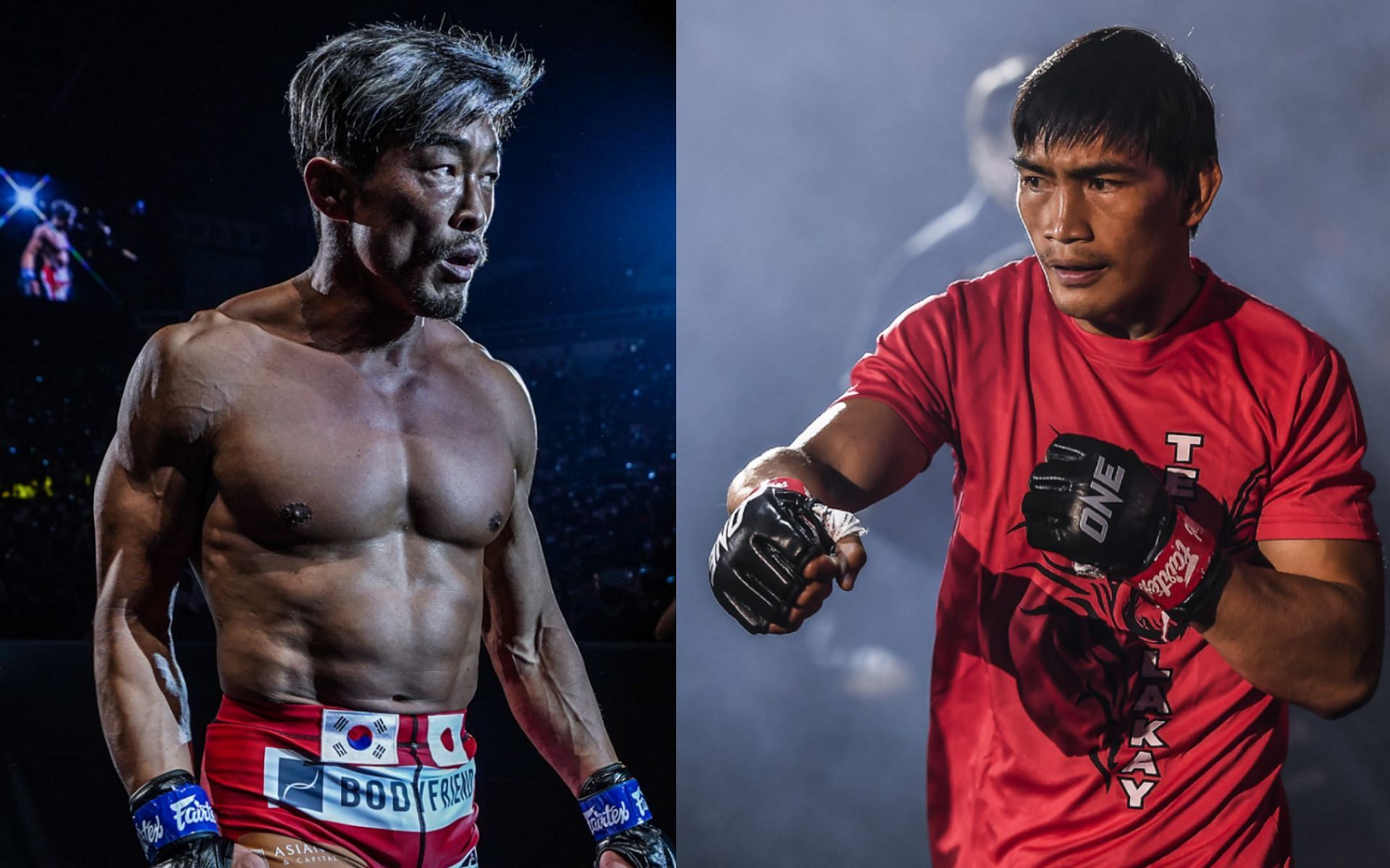 Eduard Folayang (right) wants to fight Yoshihiro Akiyama (left) in another legend vs. legend bout. [Photos ONE Championship]