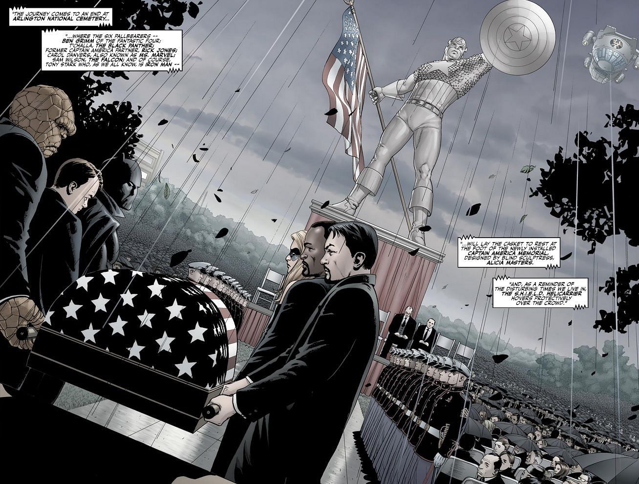 Marvel characters carrying Cap&rsquo;s casket (Image via Marvel Comics)