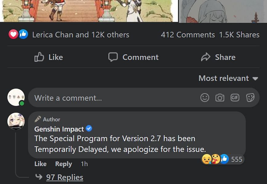 Paimon&#039;s official message on the comment section (Image via Facebook, Genshin Impact)