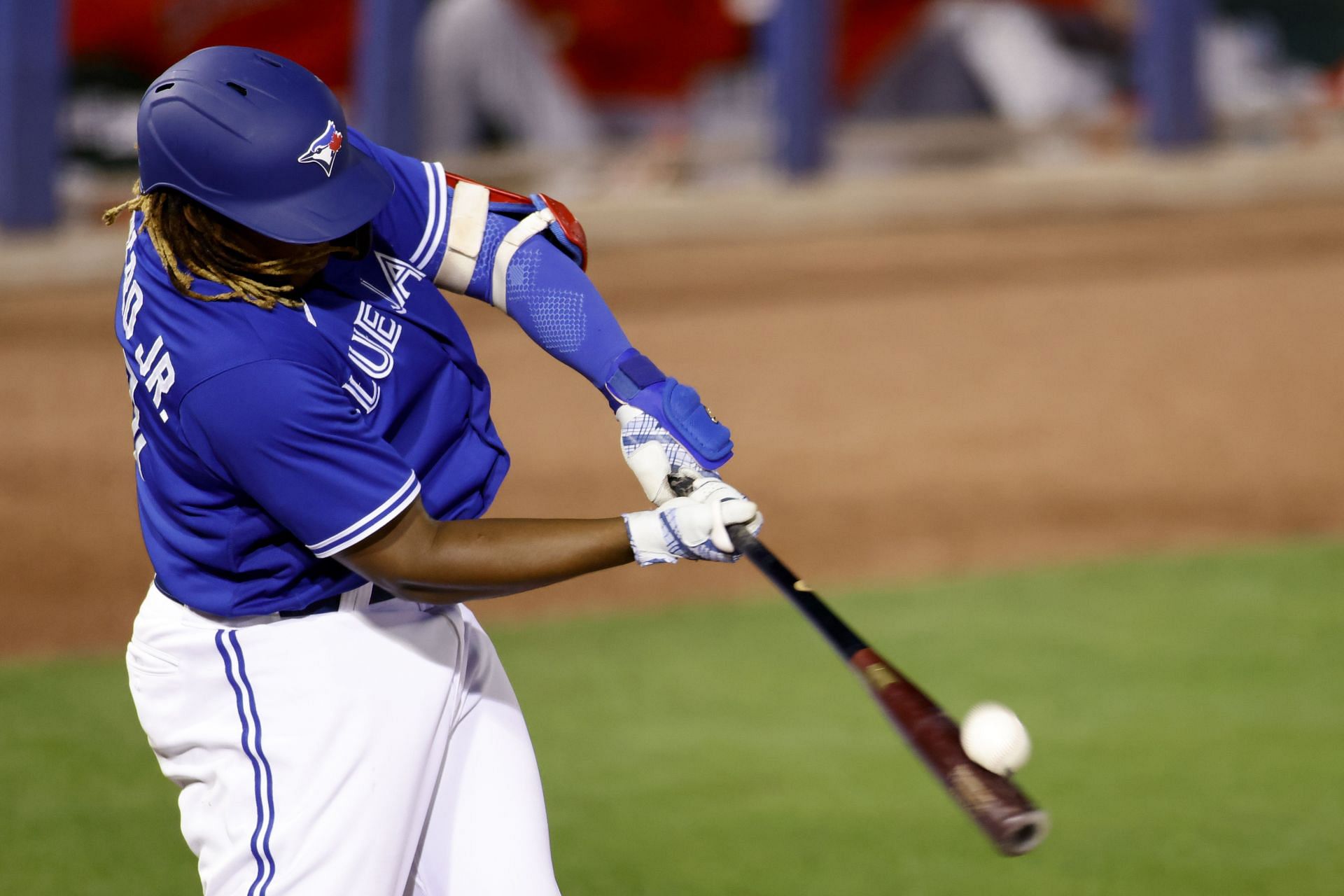 Vladimir Guerrero Jr. #27 of the Toronto Blue Jays swings at a pitch.