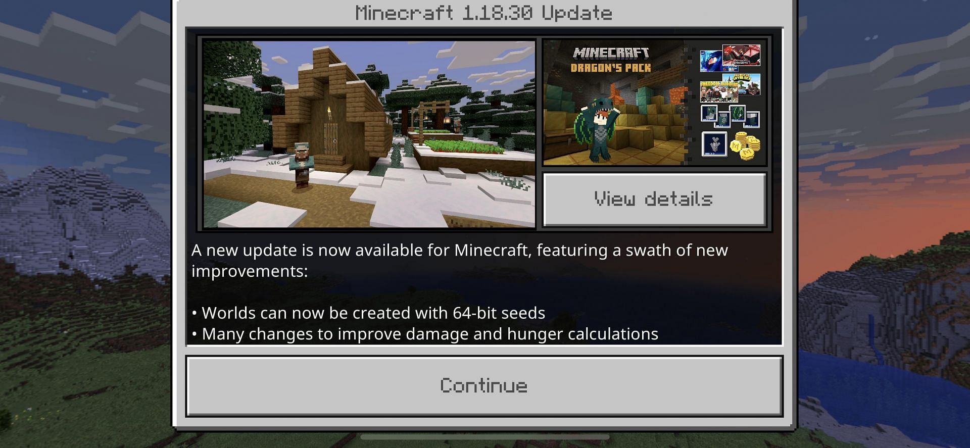 The update screen that greets mobile players after an update (Image via Minecraft)