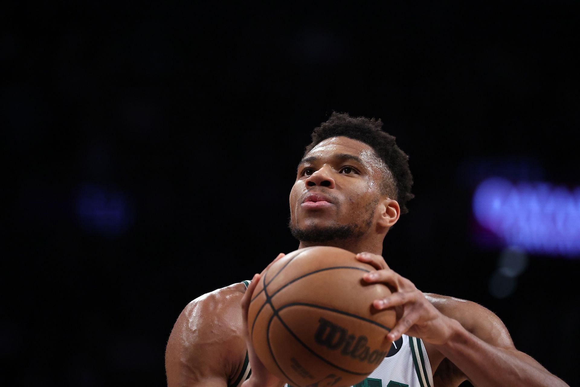 Giannis Antetokounmpo #34 of the Milwaukee Bucks takes a foul shot against the Brooklyn Nets during their game at Barclays Center on March 31, 2022 in New York City.