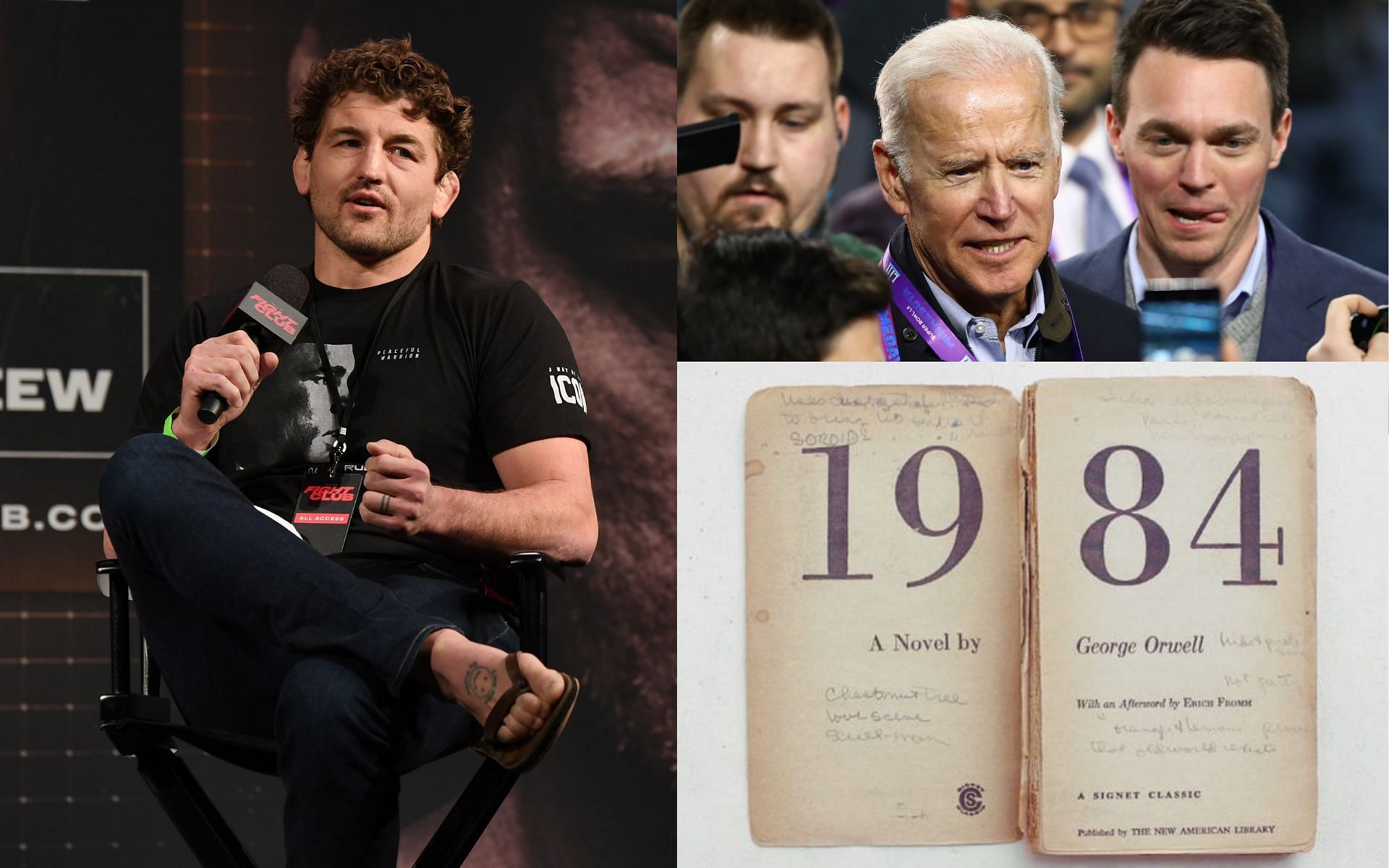 Ben Askren (Left); Joe Biden (Right Top), George Orwell&#039;s &#039;1984&#039; (Right Bottom) [Image credit: @jonwbenedict via Instagram]