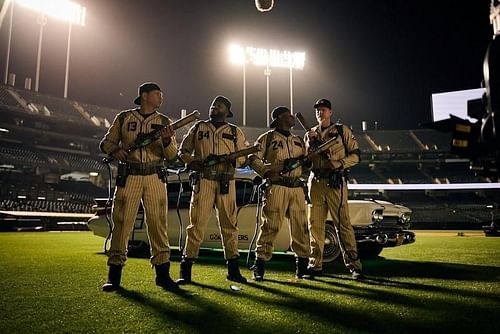 From left to right: Alex Rodriguez, David Ortiz, Ken Griffey Jr., and Randy Johnson pose for a "Ghostbusters" themed commercial in Oakland, California.