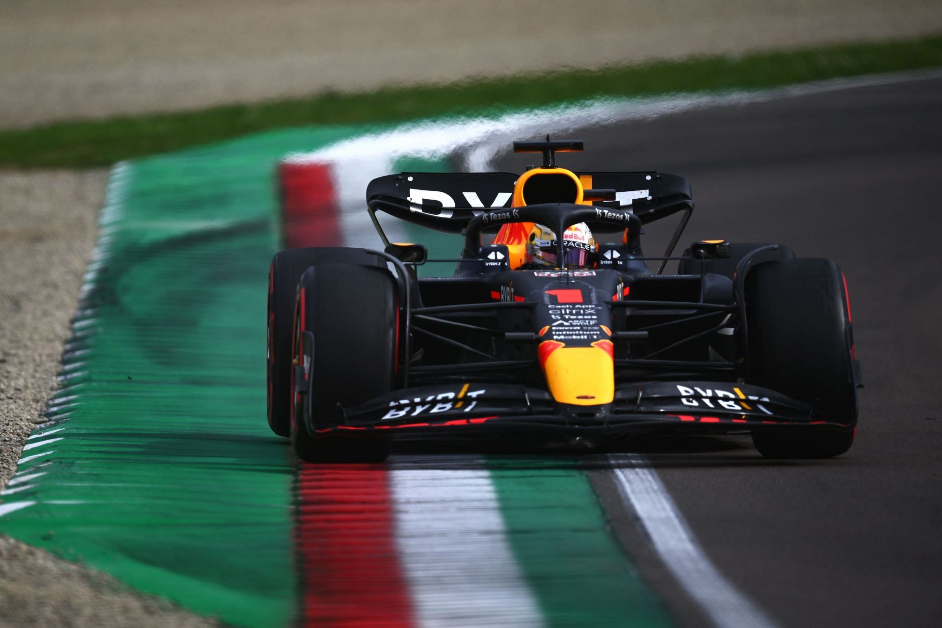 Red Bull&#039;s Max Verstappen en route to his P1 finish in the 2022 F1 Imola GP Sprint (Photo by Clive Mason/Getty Images)