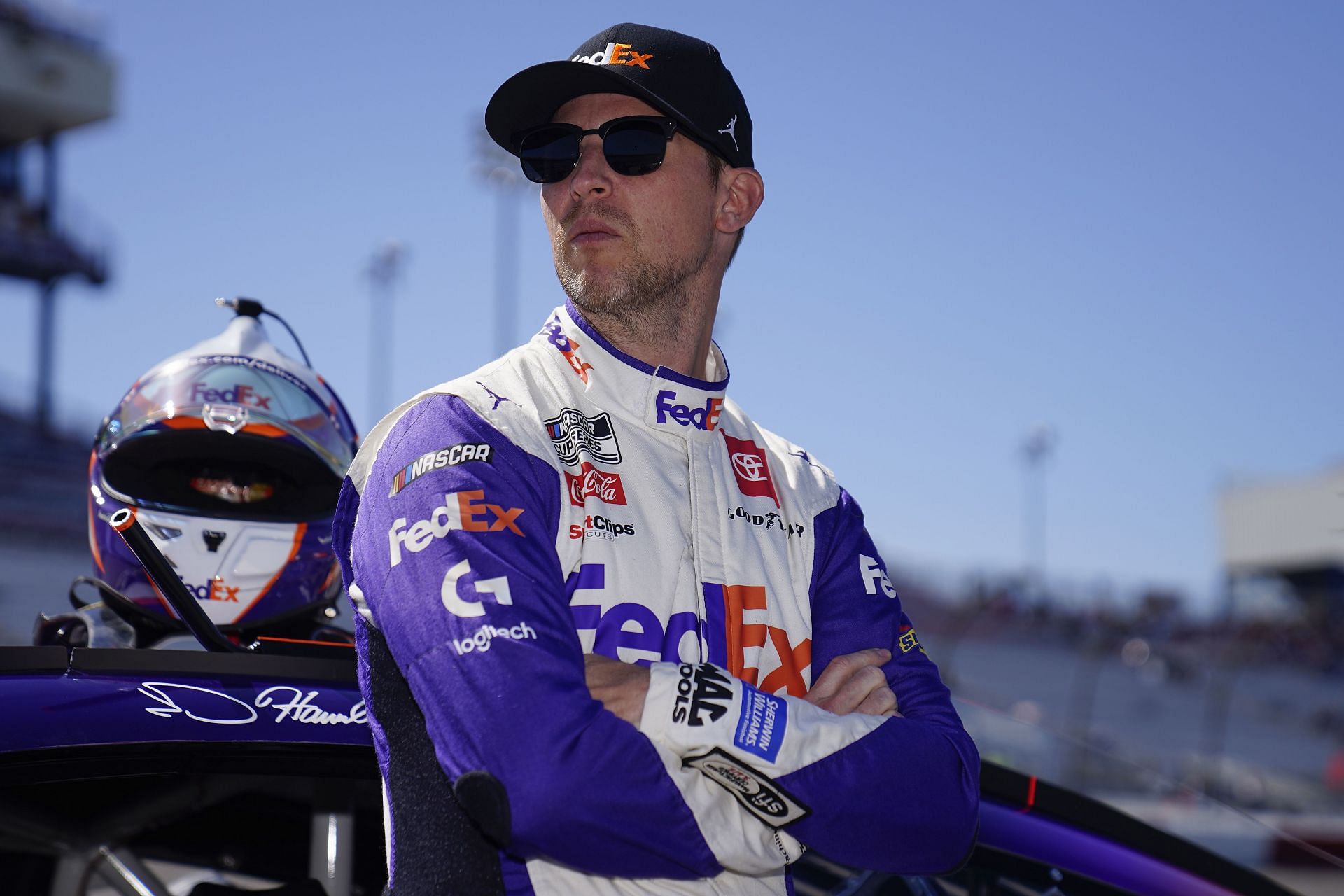 Denny Hamlin looks on during qualifying for the NASCAR Cup Series Toyota Owners 400 at Richmond Raceway.