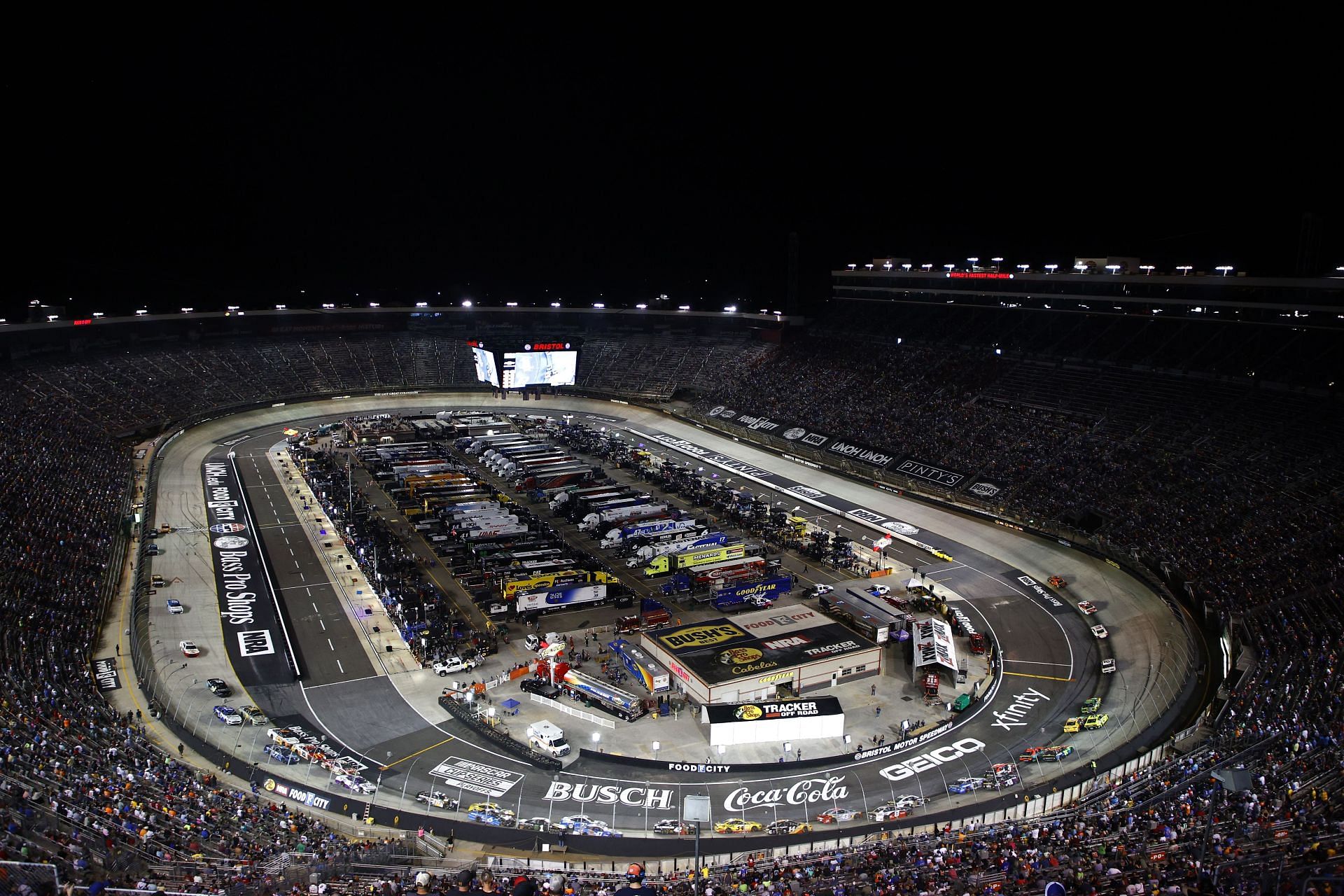 A general view of the action during the Cup Series Bass Pro Shops Night Race at Bristol Motor Speedway.