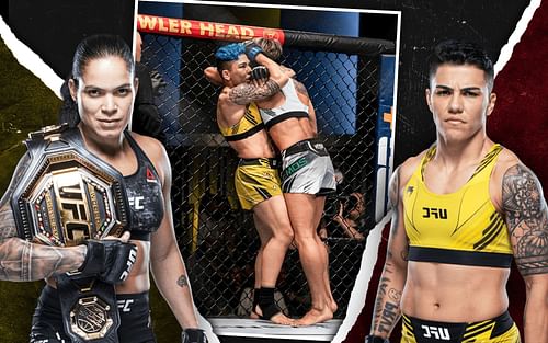 Jessica Andrade (right) defeated Amanda Lemos (center) and equaled Amanda Nunes' (left) record [Images via ufc.com and @ufc on Instagram]