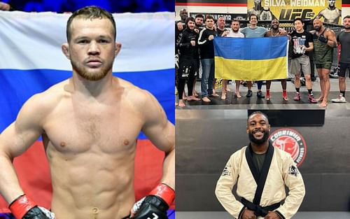 Petr Yan (left; image courtesy of Getty); Aljamain Sterling and his teammates with the Ukrainian flag (top right); Aljamain Sterling (bottom right) [images on the right courtesy of @funkmastermma Instagram]