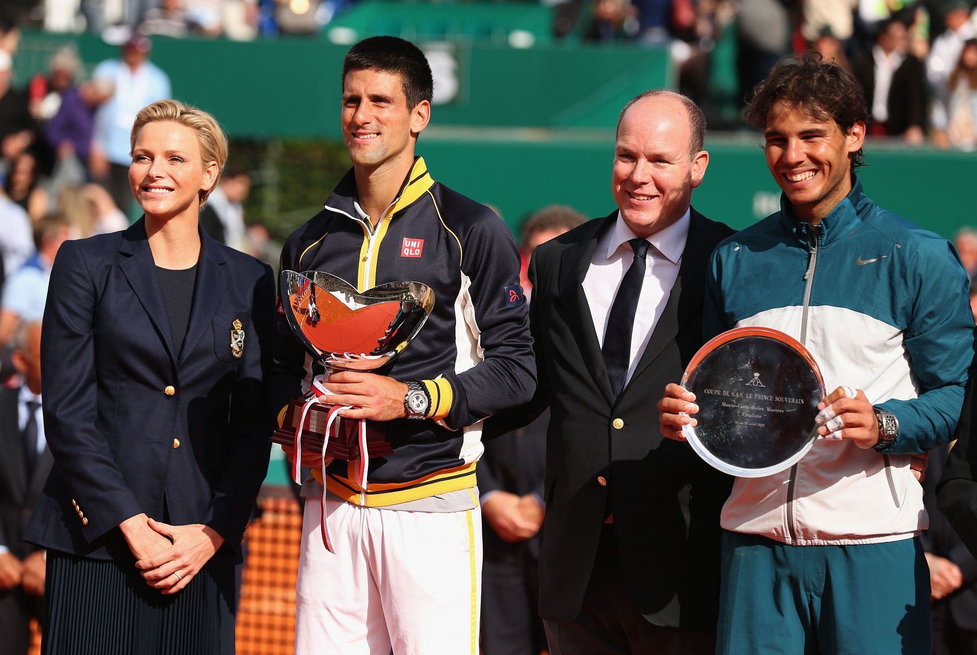 Nadal and Djokovic pose after the 2013 Monte-Carlo Masters final
