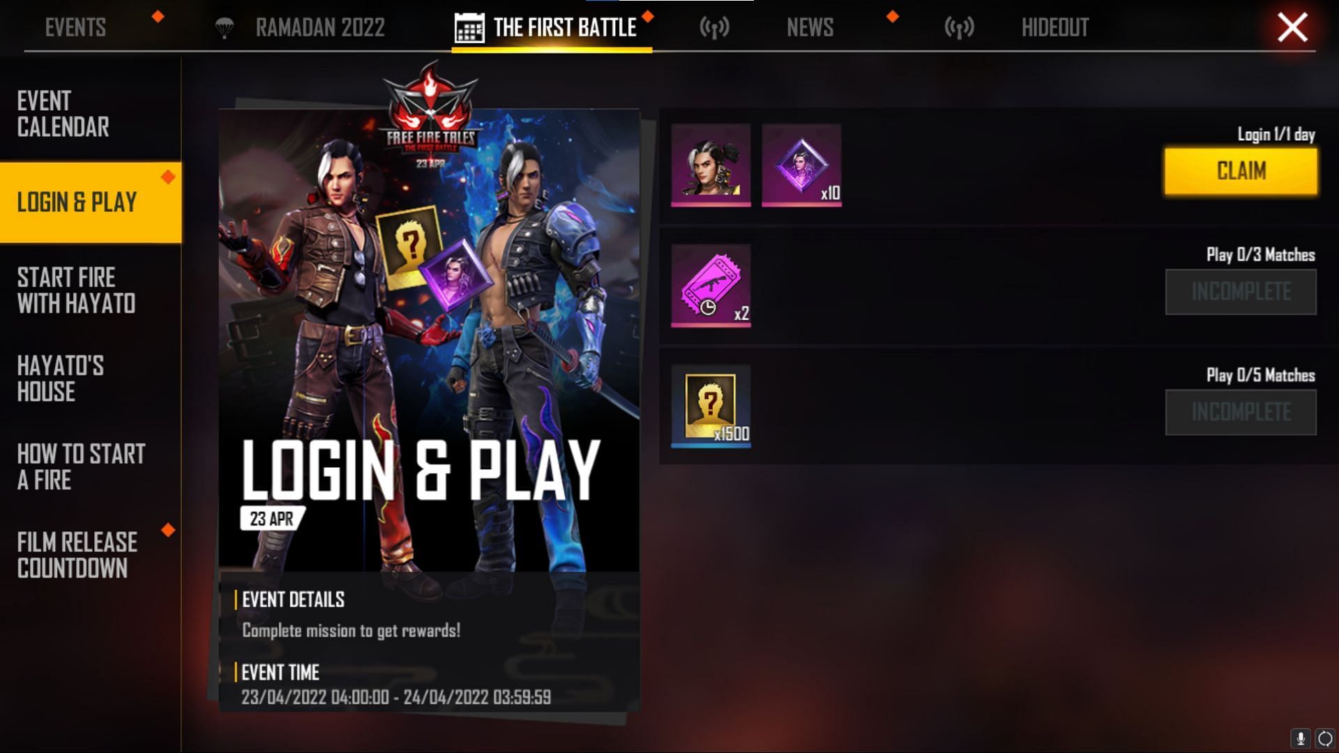 The Login &amp; Play event is available only today, and users must quickly claim the rewards (Image via Garena)