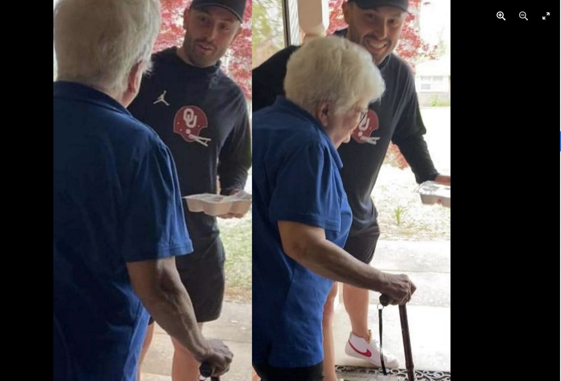 Baker Mayfield delivering food to a senior citizen