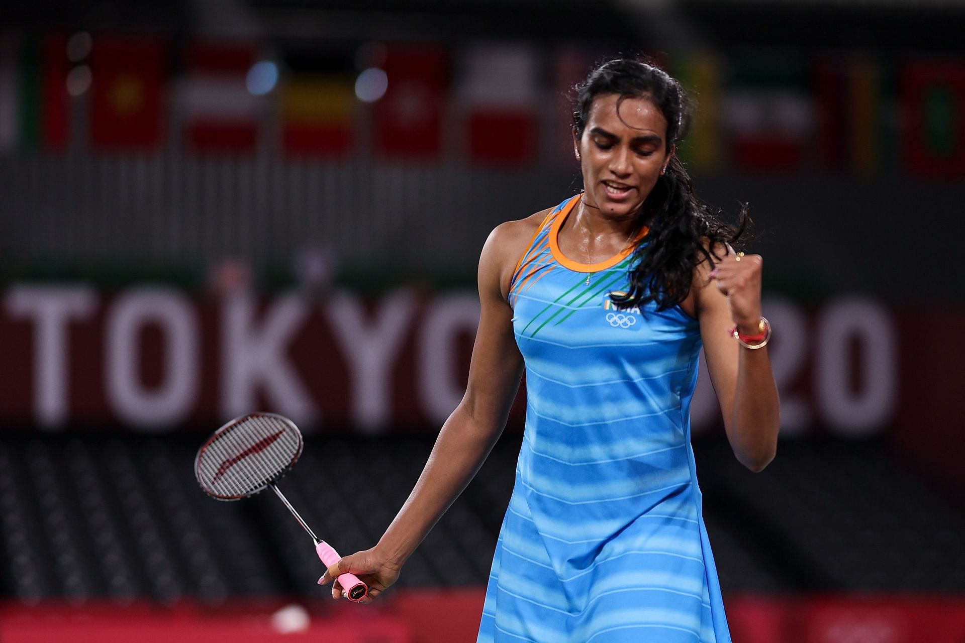 PV Sindhu celebrates a point at the Tokyo Olympics (Image courtesy: Getty Images)