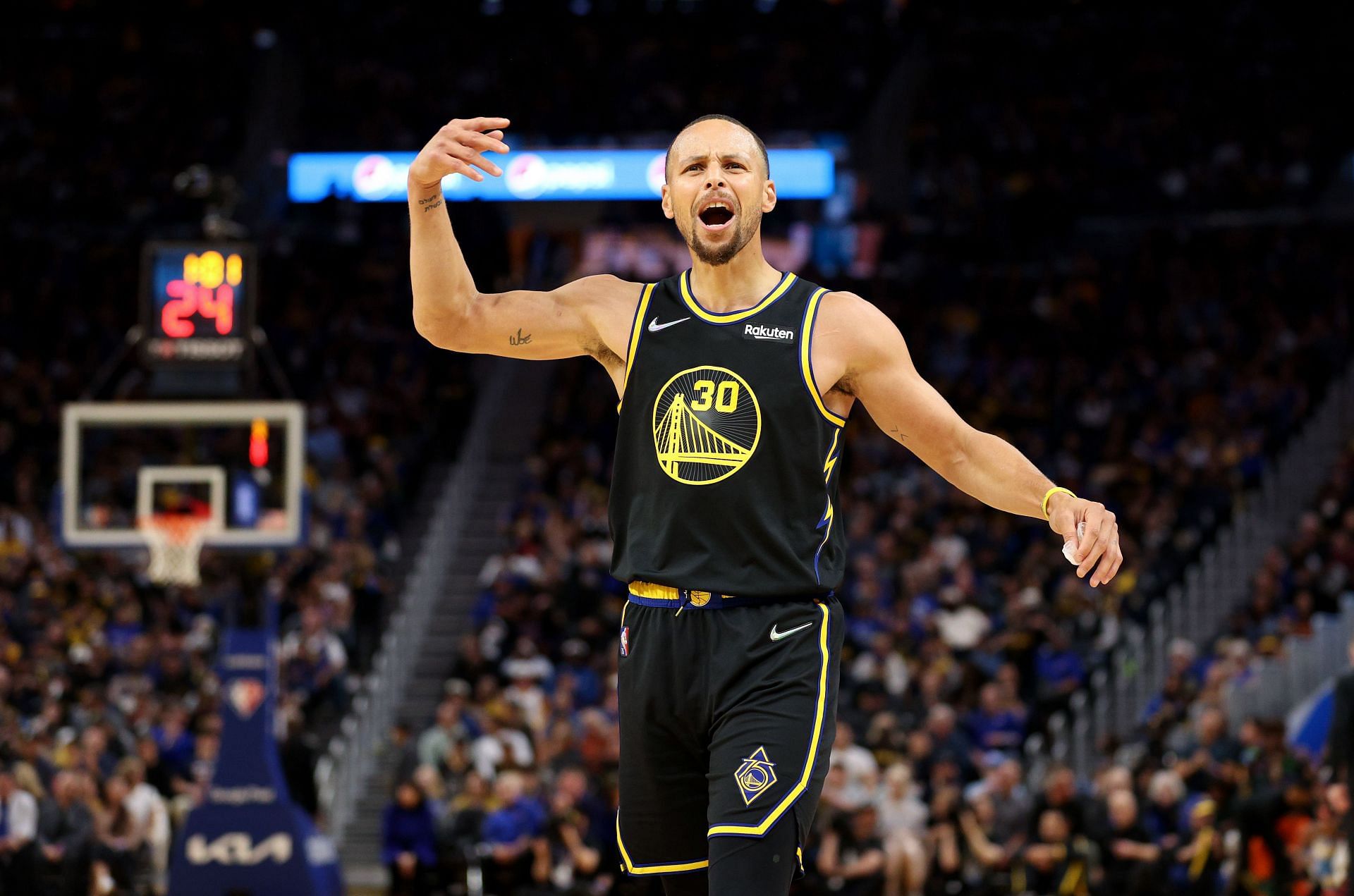 Steph Curry of the Golden State Warriors against the Denver Nuggets in Game 1 of the first round of the 2022 NBA playoffs