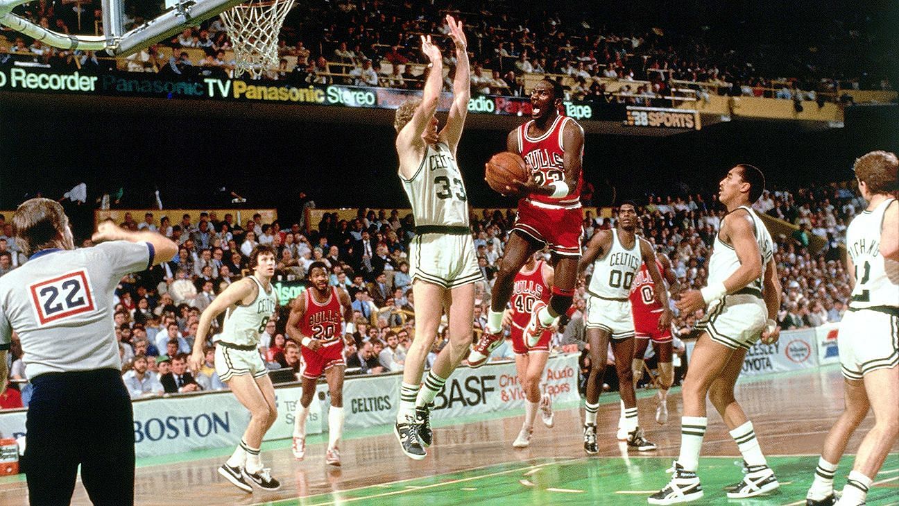 MJ&#039;s 63 points against the Boston Celtics in Game 2 of the 1986 playoffs earned him superstar status. [Photo: ESPN]